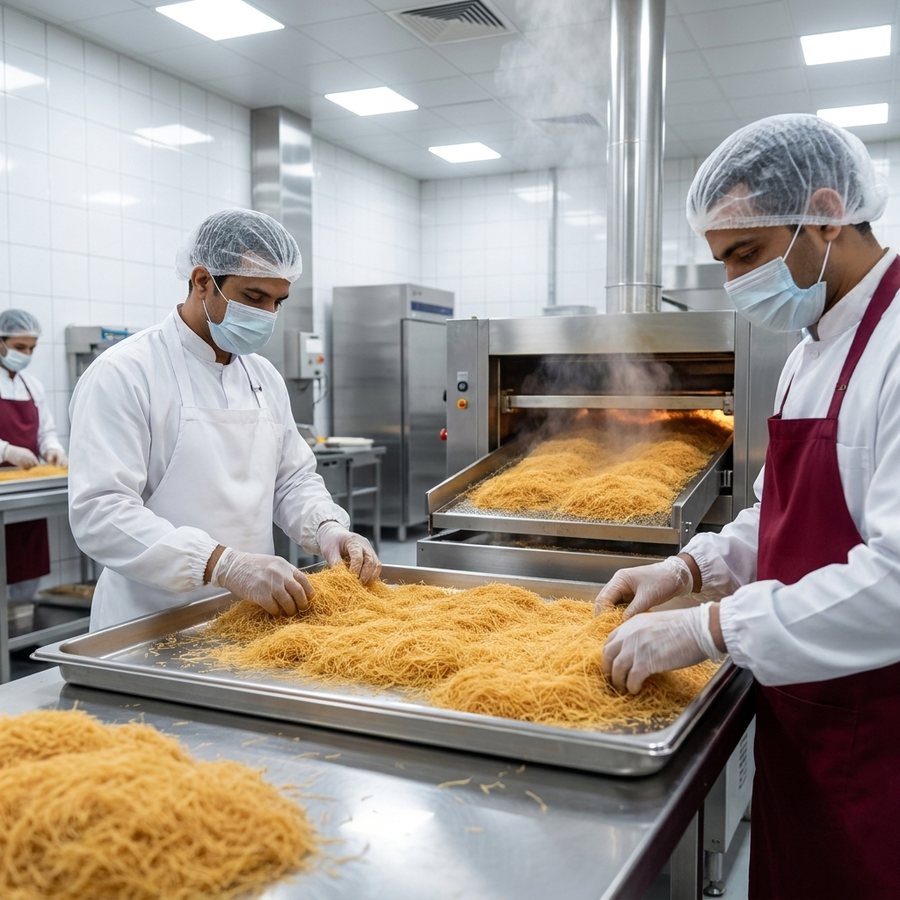 Yalla Kunafa production team preparing kunafa in a clean, hygienic facility