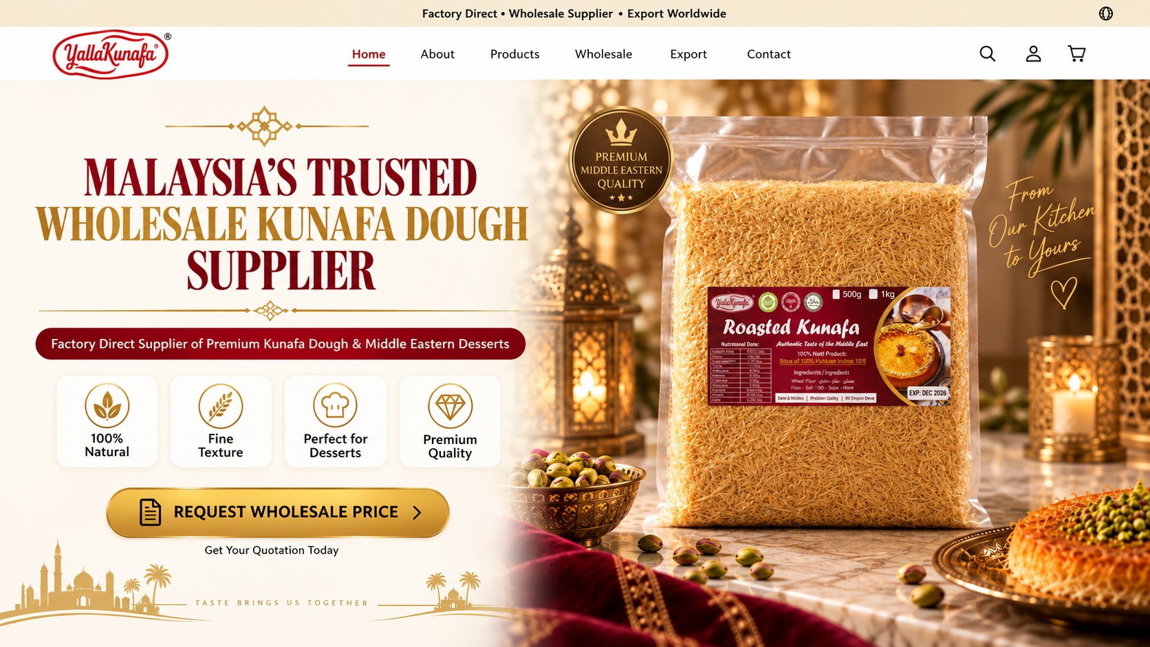 Yalla Kunafa — Malaysia's Trusted Wholesale Kunafa Dough Supplier. Factory Direct Supplier of Premium Kunafa Dough and Middle Eastern Desserts.